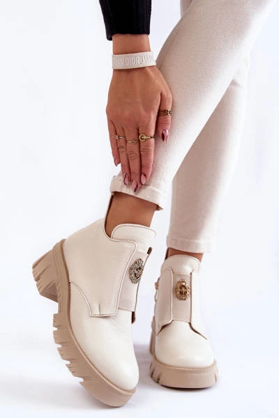 Damskie Skórzane Botki Z Ozdobą Jasnobeżowe Lemar Maley