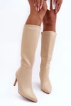 Skórzane Kozaki Na Szpilce Przed Kolano Beżowe Serpens