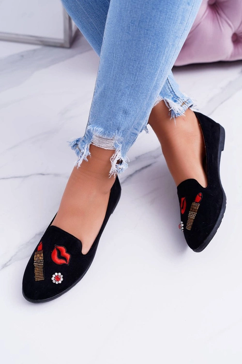 Czarne Damskie Baleriny Naszywki Lipstick