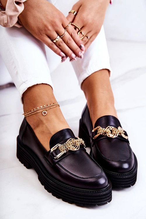 Damskie Półbuty Złota Ozdoba Skórzane Laura Messi 2383 Czarne