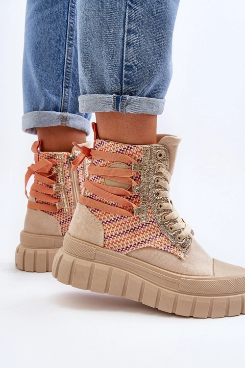 Wysokie Trampki Damskie Na Masywnej Platformie Beżowe Kernia