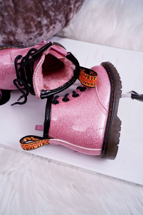 Dziecięce Botki Ocieplane z Suwakiem Lakierowane Brokat Różowe Mistor