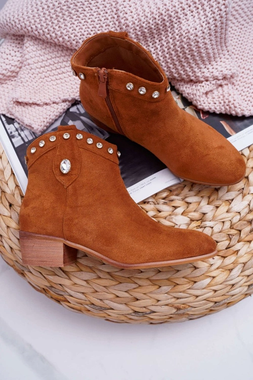 Botki Damskie Płaski Obcas Kowbojki Z Cyrkoniami Camel Patti