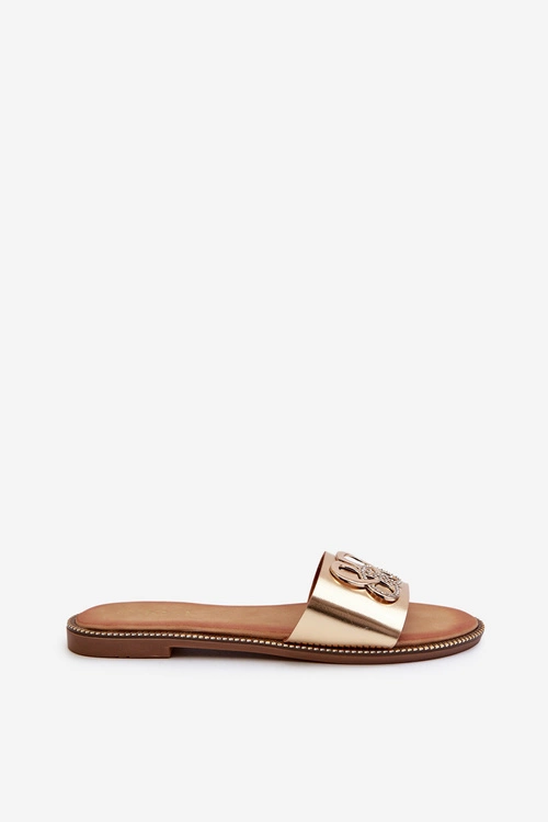 Klapki Damskie Z Ozdobą Eko Skórzane Na Płaskim Obcasie Złote Sadria