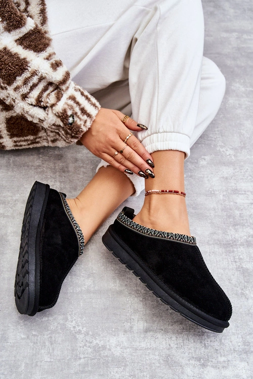 Zamszowe Damskie Papcie Z Futerkiem Czarne Buffie