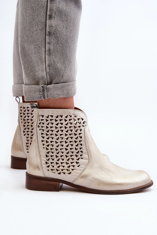 Zazoo 2791 Skórzane Ażurowe Botki Złote