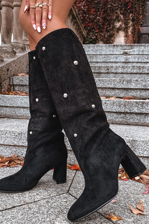 Kozaki Damskie Ocieplane Na Słupku Z Ozdobnymi Detalami Czarne Lucinda