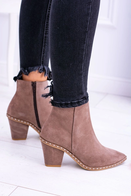 Skórzane Zamszowe Beżowe Damskie Botki W Szpic Z Suwakiem Sonoma