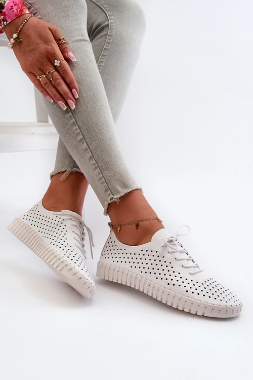 Skórzane Damskie Trampki Z Ażurowym Wzorem Białe Ilvima