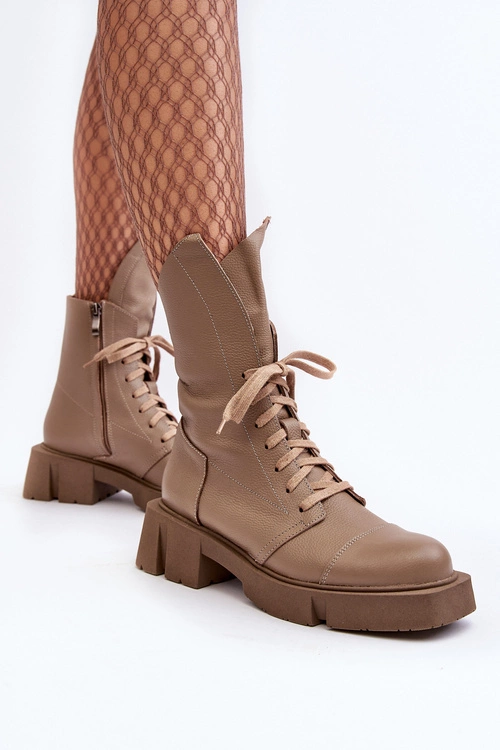 Damskie Skórzane Botki Workery Na Masywnym Płaskim Obcasie Zazoo 976A Ciemnobeżowe