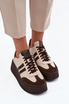 Skórzane Sneakersy Damskie Na Platformie Zazoo 3775 Beżowo-Czekoladowe