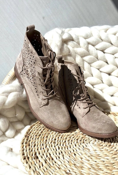 S.Barski HY66-136 Damskie Botki Ze Wzorem Jasnobeżowe