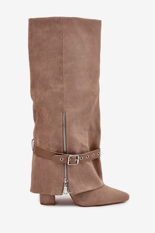 Kozaki Damskie Wsuwane Na Słupku Z Ozdobnym Paskiem Beżowe Jolivine