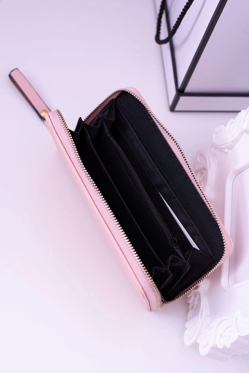 Duży Damski Prążkowany Różowy Portfel Złote Okucia