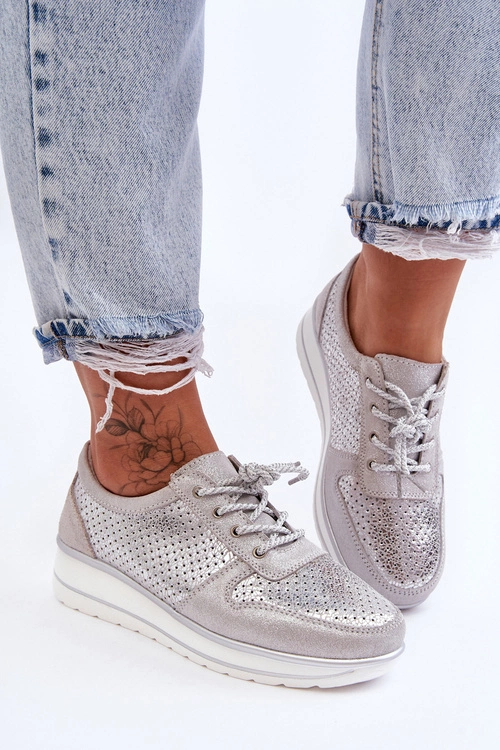 Skórzane Buty Sportowe Z Perforacją S.Barski AL22246 Srebrne