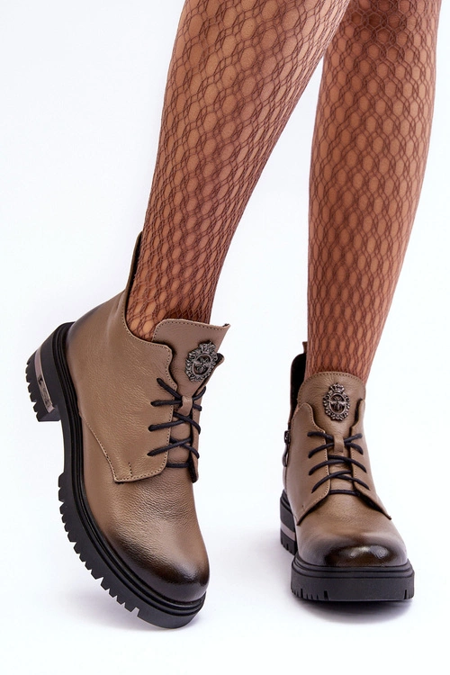 Damskie Skórzane Botki Na Płaskim Obcasie Beżowe Lemar Charline