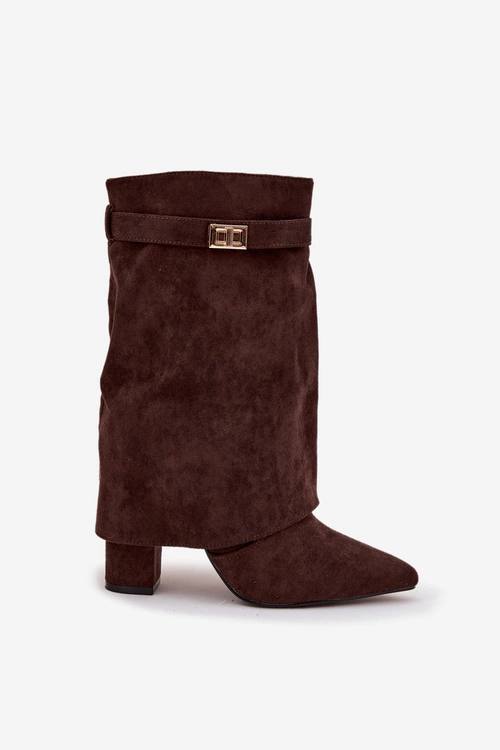 Ocieplane Botki Damskie Na Słupku Z Ozdobnym Paskiem Czekoladowe Luvielle