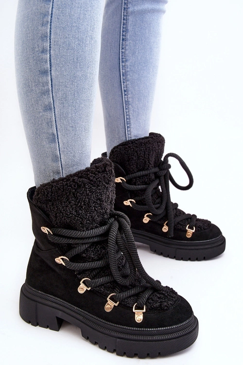 Trapery Śniegowce Damskie Z Wiązaniem Czarne Shala