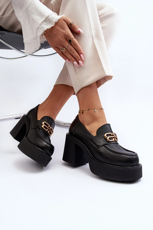 Zazoo 20170 Półbuty Skórzane Damskie Na Słupku Czarne