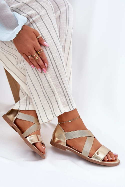 Sandały Damskie Płaskie Z Elastycznymi Paskami Złote Marinea