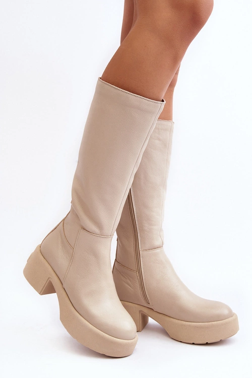 Skórzane Damskie Kozaki Przed Kolano Lemar Jasnobeżowe Malayah