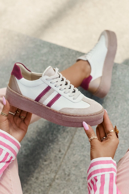 Skórzane Sneakersy Damskie Na Platformie Zazoo N1234 Beżowo-Bordowe