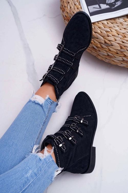 Damskie Botki Zamszowe Nity Klamry Czarne Berugio