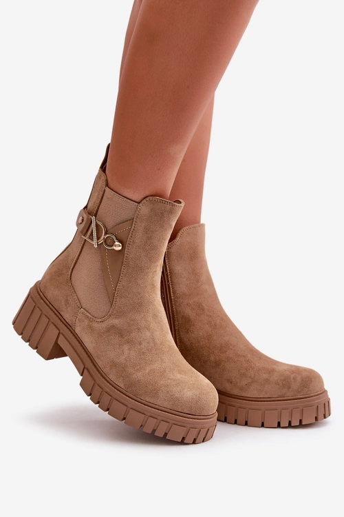 Ocieplane Botki Damskie Ze Złotym Detalem Eko Zamszowe Beżowe Bervena