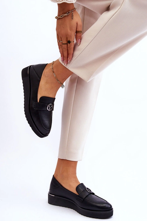 Damskie Skórzane Mokasyny Na Niskim Koturnie Czarne Synthia