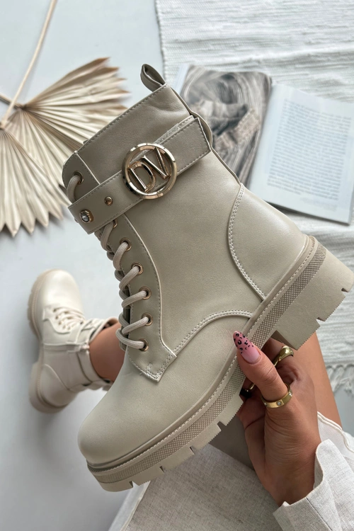 Ocieplane Botki Workery Damskie Z Ozdobnym Detalem Beżowe Talyssa