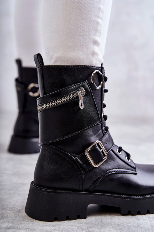 Skórzane Botki Na Płaskim Obcasie Czarne Marlis