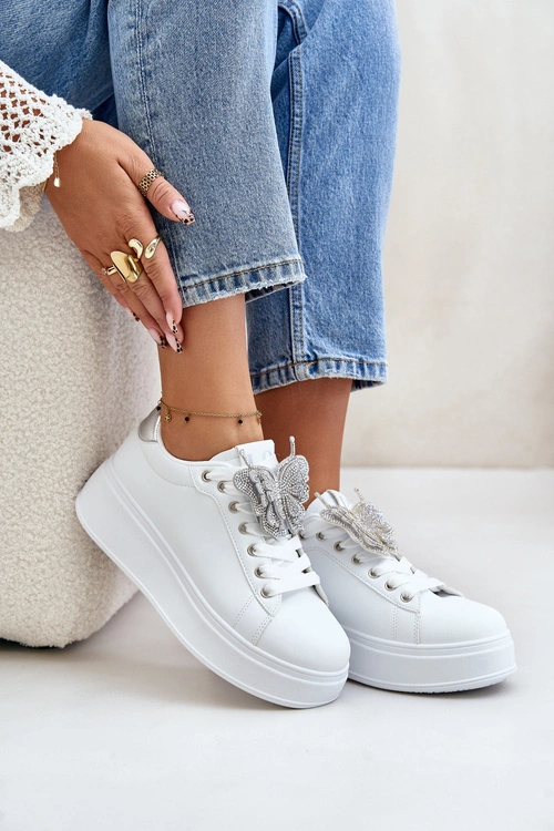 Sneakersy Damskie Na Platformie Z Motylem Biało-Srebrne Naritevia