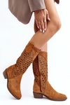 Ażurowe Kozaki Damskie Zamszowe Na Niskim Obcasie Camel Ndulu