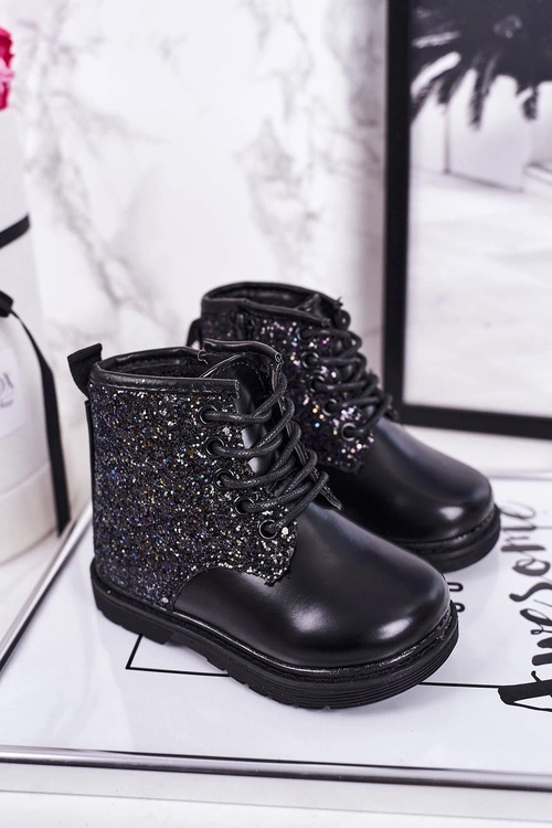 Dziecięce Brokatowe Ocieplane Botki Traperki Czarne Ariel