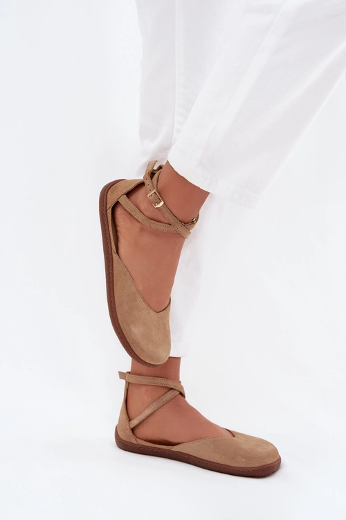 Zamszowe Baleriny Damskie Barefoot Z Paskami Zazoo 191 Beżowe