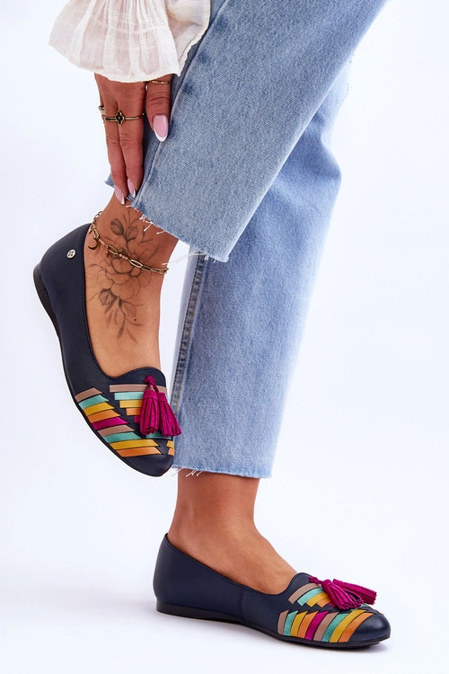 Skórzane Baleriny Z Frędzlami Maciejka 04016-17 Granatowe