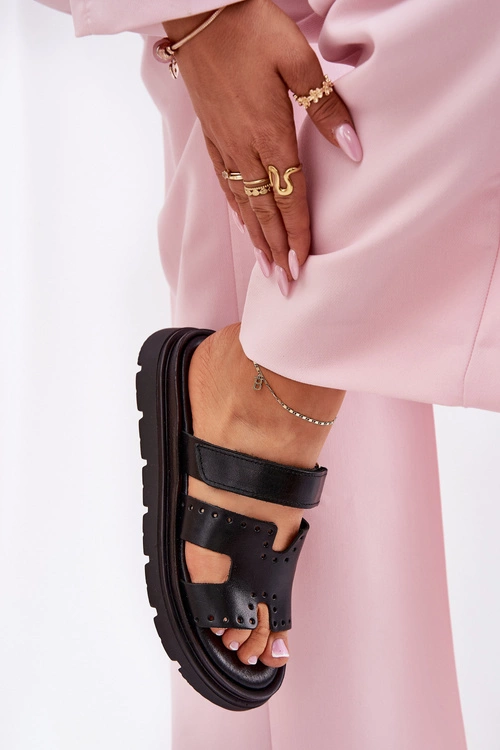 Klapki Damskie Z Naturalnej Skóry Na Platformie Zazoo 40440 Czarne