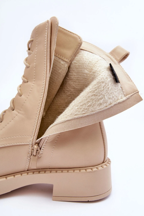 Skórzane Botki Workery Na Płaskim Obcasie Jasnobeżowe Aganne