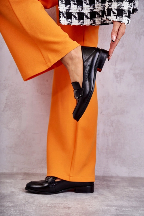 Modne Skórzane Półbuty Loafery Czarne Trine