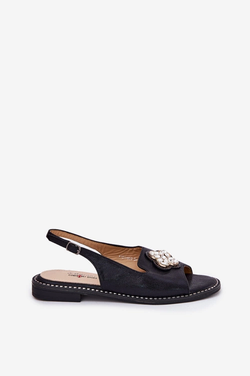 Sandały Damskie Na Płaskim Obcasie Z Ozdobnym Detalem S.Barski KV51-080 Czarne