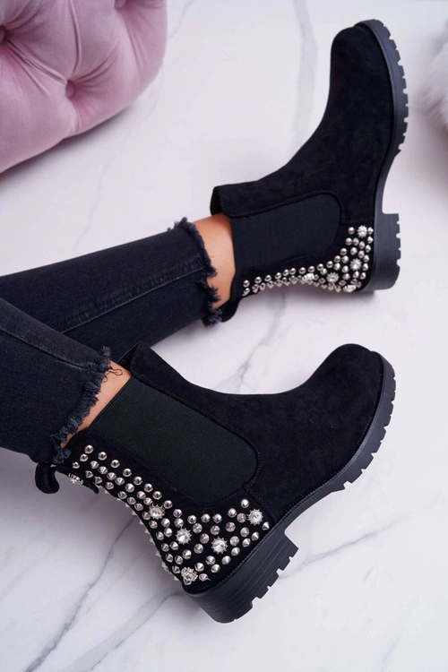 Botki Damskie Płaski Obcas Dżety Ćwieki Czarne Binary