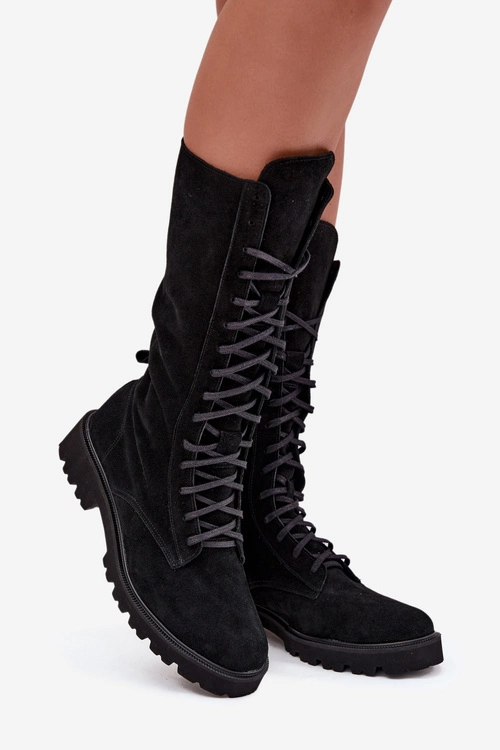 Zamszowe Botki Ze Sznurowaniem Do Połowy Łydki Zazoo 3103 Czarne