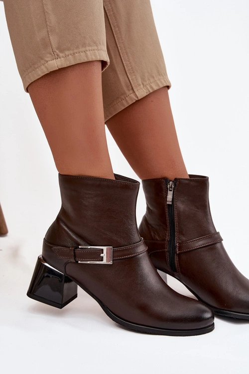 Skórzane Botki Damskie Na Obcasie Z Klamrą Zazoo 60562 Czekoladowe