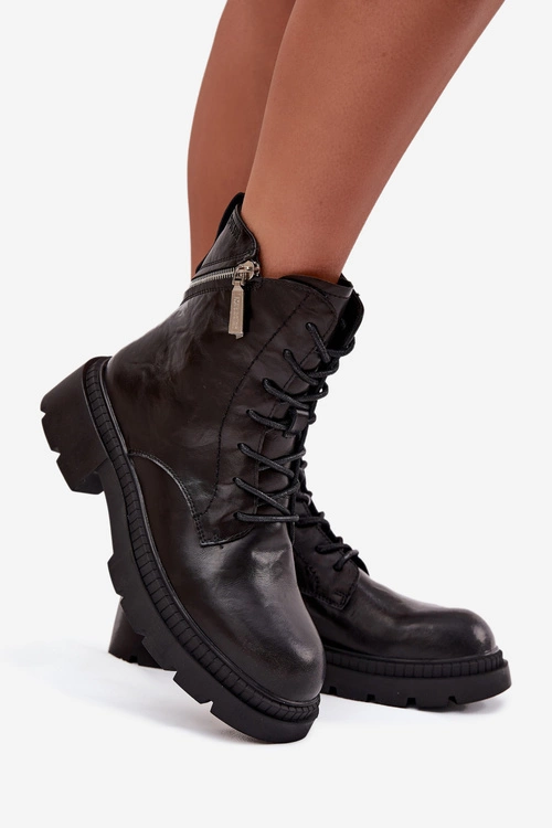 Skórzane Botki Workery Damskie Ocieplane Big Star SS274452 Czarne