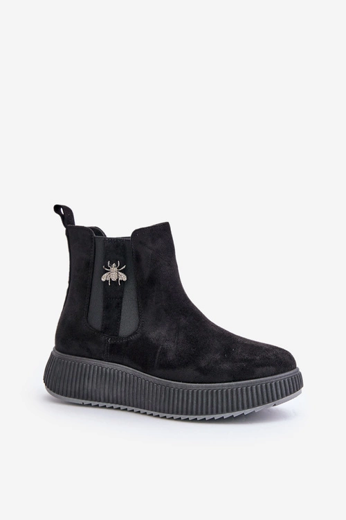 Wsuwane Botki Damskie Na Platformie Z Przypinką Eko Zamszowe Czarne Ciatheia