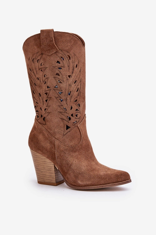 Ażurowe Kozaki Do Połowy Łydki Na Słupku Zamszowe Lewski 3609 Brązowe