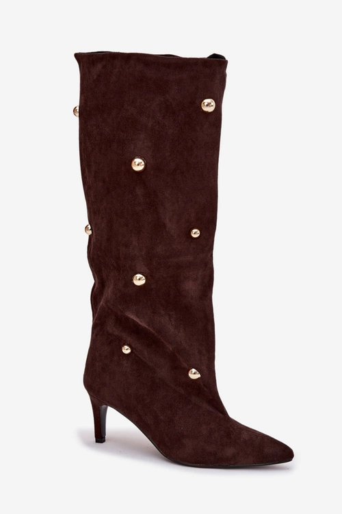 Wsuwane Kozaki Damskie Na Szpilce Ze Złotymi Ozdobami Czekoladowe Thaliane