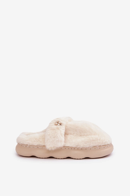 Futrzane Kapcie Z Małą Broszką Jasnobeżowe Primaria
