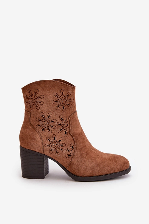 Botki Z Ażurową Cholewką Na Słupku Eko Zamszowe Brązowe Nevishiia