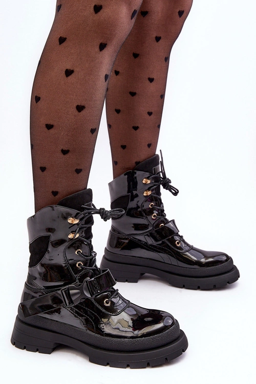 Damskie Lakierowane Botki Workery Na Platformie Czarne Nahili